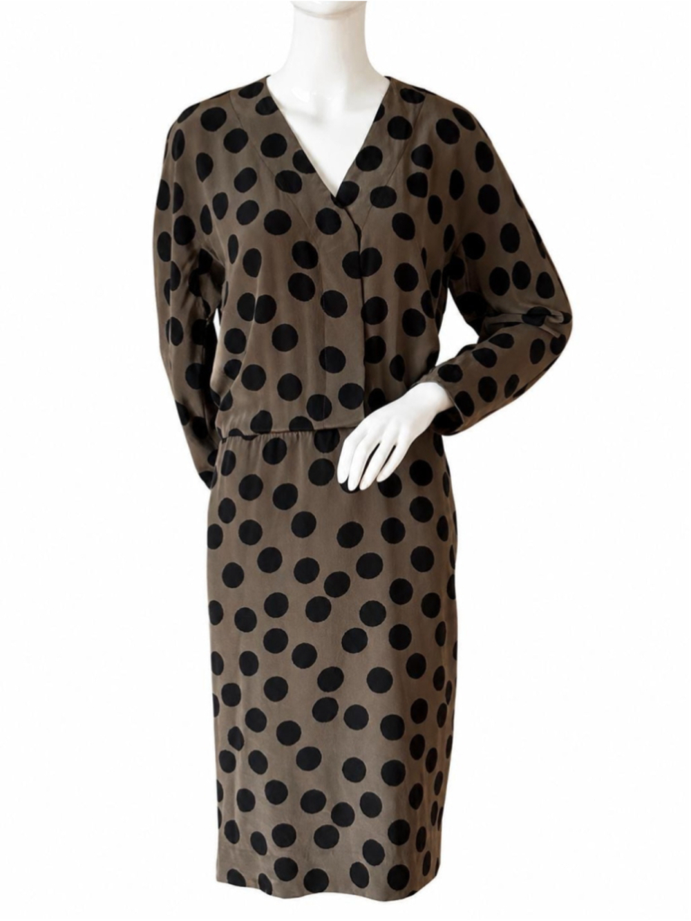 Vintage AKRIS 100% Silk Polka Dot Midi Dress Size L Made in Switzerland